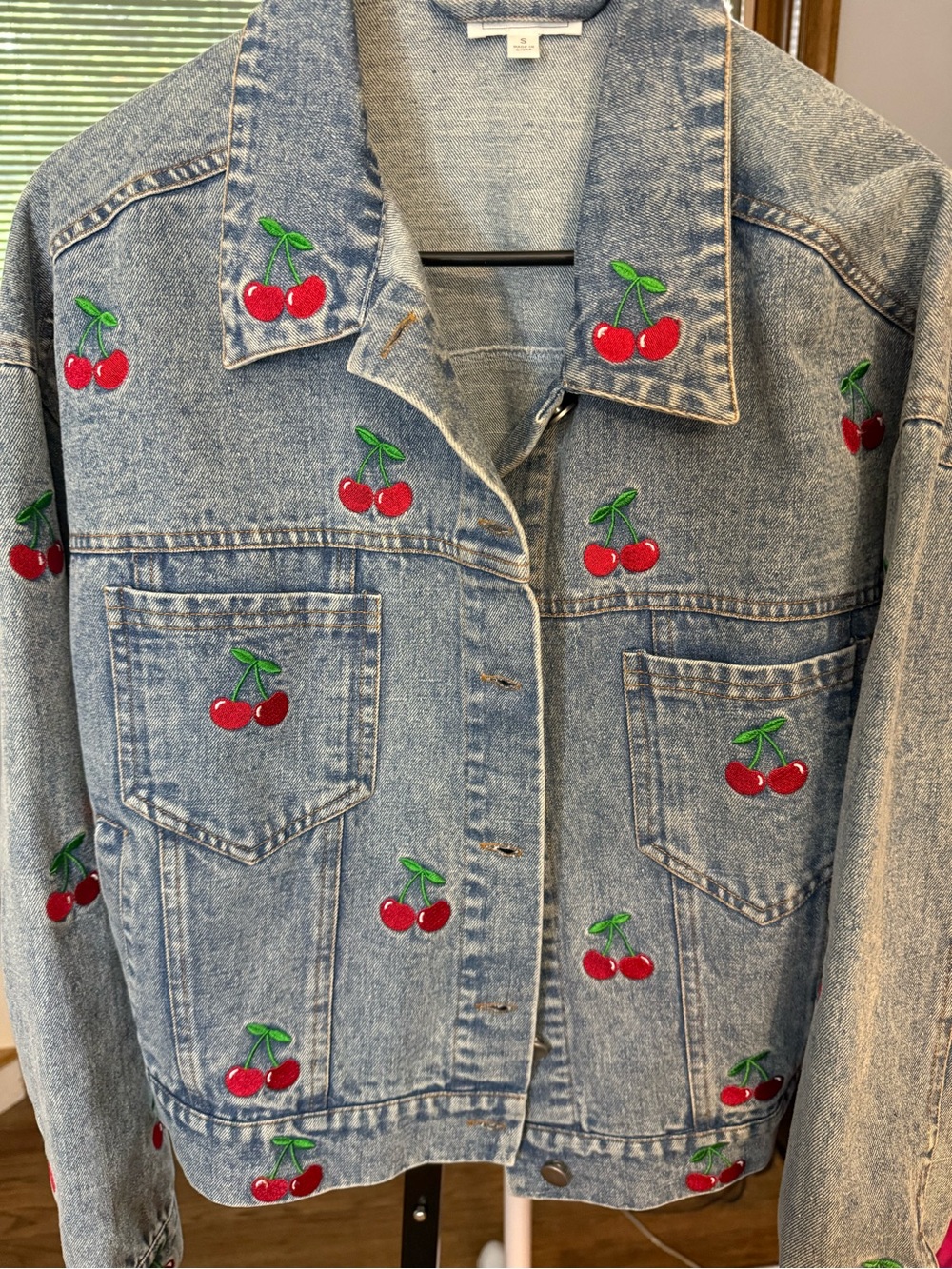 Denim Cherry Embroidered Jacket - Light Blue with Red Cherries
